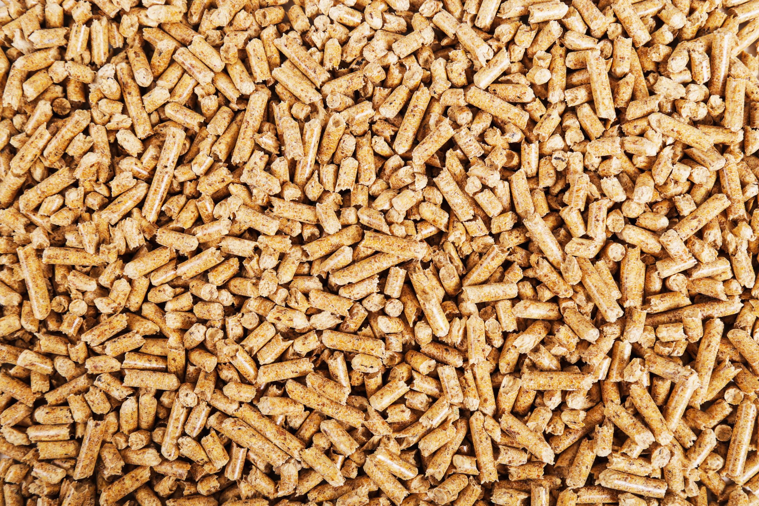 A close-up view of a large pile of small, cylindrical wood pellets. The pellets are light brown and have a uniform texture, indicating they are made from compressed wood fibers