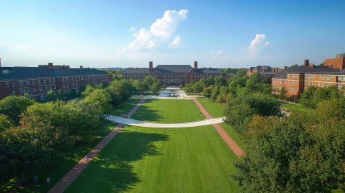 A wide view of a university campus featuring a large green lawn bordered by trees. Pathways meander through the grass, leading to buildings in the background. The sky is clear with a few clouds