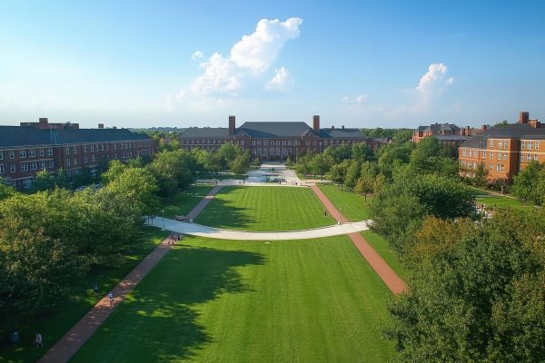 A wide view of a university campus featuring a large green lawn bordered by trees. Pathways meander through the grass, leading to buildings in the background. The sky is clear with a few clouds