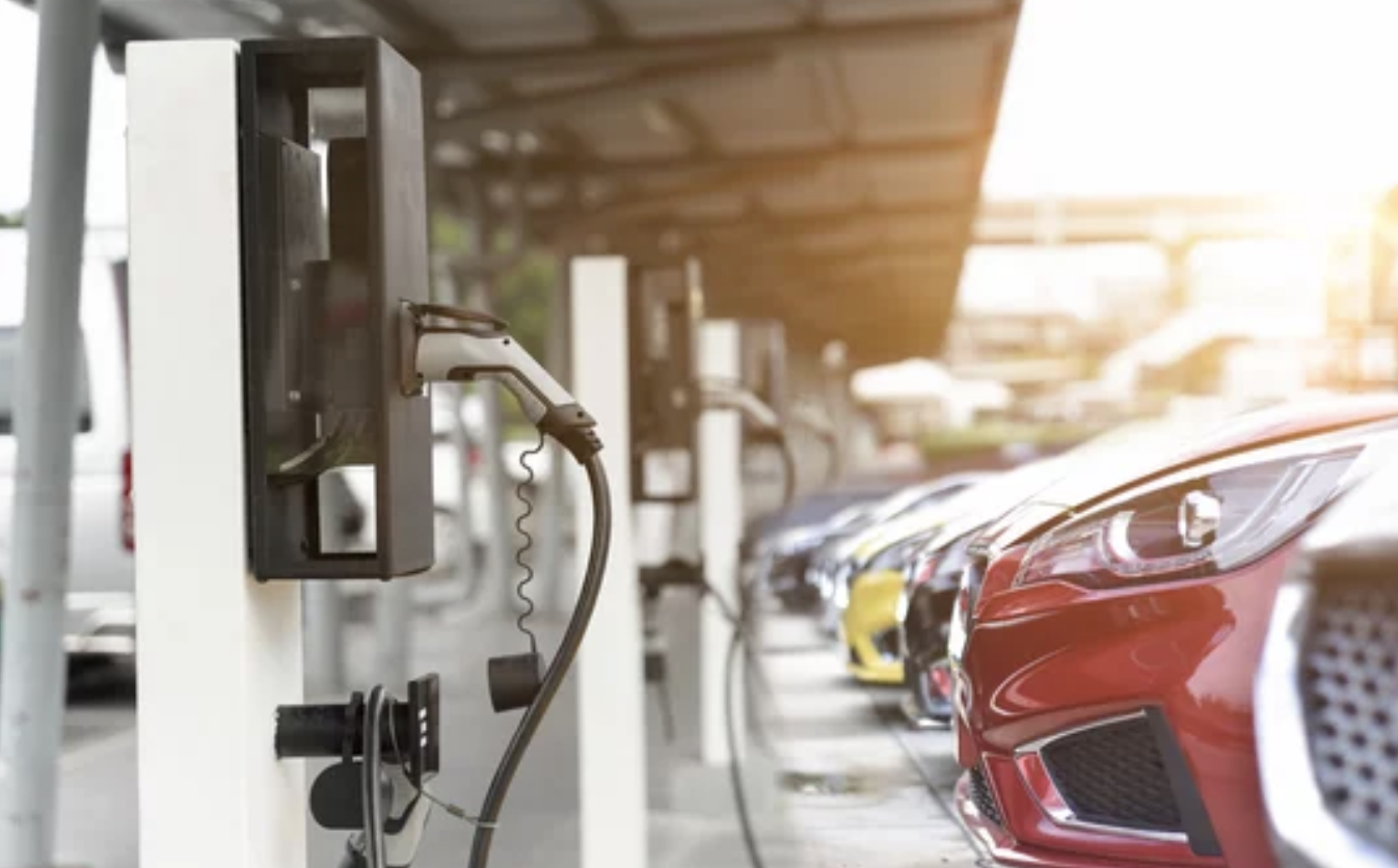Electric vehicle charging stations are lined up in a parking area, with several cars parked nearby. A charging cable is plugged into one of the stations, and the setting is illuminated by sunlight