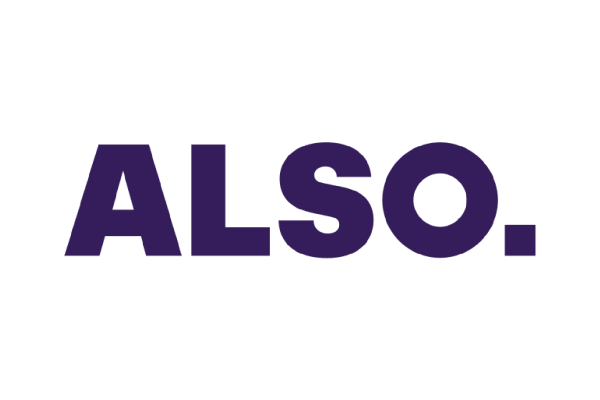The text "ALSO." is displayed in bold, uppercase letters, using a dark purple color against a black background