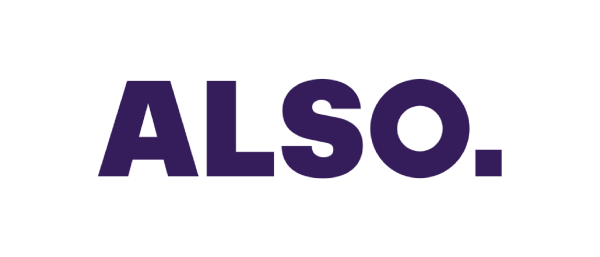 The text "ALSO." is displayed in bold, uppercase letters, colored purple, against a black background