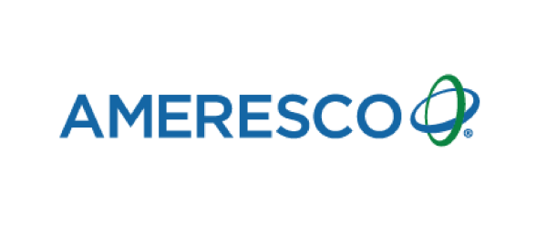 The image features the word "AMERESCO" in bold blue letters, accompanied by a green circular design that resembles an abstract symbol. The background is black