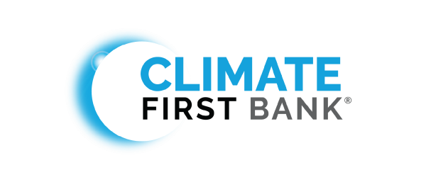 The logo features a blue crescent shape with a sunburst design, accompanied by the text "CLIMATE FIRST BANK" in bold blue and black letters