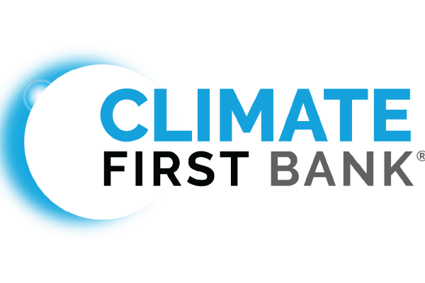 The logo features a blue crescent shape with a sunburst design, accompanied by the text "CLIMATE FIRST BANK" in bold blue and black letters