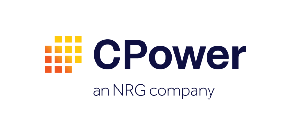 The logo features the text "CPower" in dark blue, with a gradient of orange and yellow squares arranged in a grid pattern to the left. Below, it states "an NRG company" in smaller text