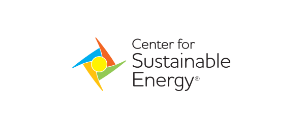 Logo featuring a colorful, abstract design with four triangular shapes in orange, green, blue, and yellow, arranged around a central sun-like circle. The text "Center for Sustainable Energy" is displayed to the right in a modern font