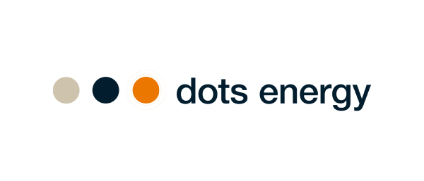 A logo featuring the text "dots energy" in a modern font, accompanied by three colored dots: one beige, one dark blue, and one orange, arranged in a horizontal line. The background is black