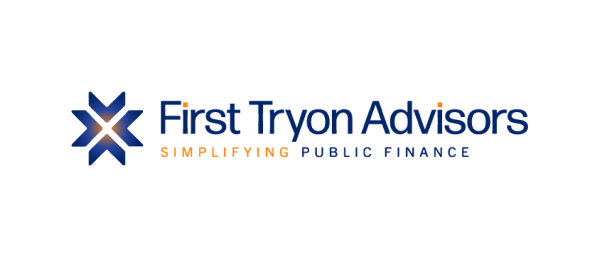 The logo features the text "First Tryon Advisors" in blue, with the tagline "Simplifying Public Finance" in a smaller font below. An abstract geometric shape in orange is positioned to the left of the text