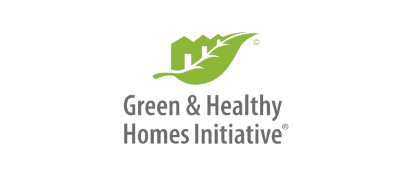 The image features a logo for the Green & Healthy Homes Initiative, which includes a stylized green leaf and a graphic representation of buildings. The text "Green & Healthy Homes Initiative" is displayed in a modern font below the graphic