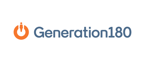 The logo features the text "Generation180" in a modern font. The word "Generation" is in blue, while "180" is accompanied by an orange circular icon that resembles a power button. The overall design is clean and professional