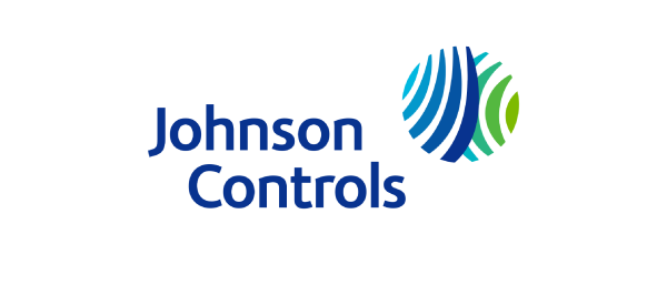 The logo features the text "Johnson Controls" in blue, accompanied by a circular graphic with green and blue wavy lines