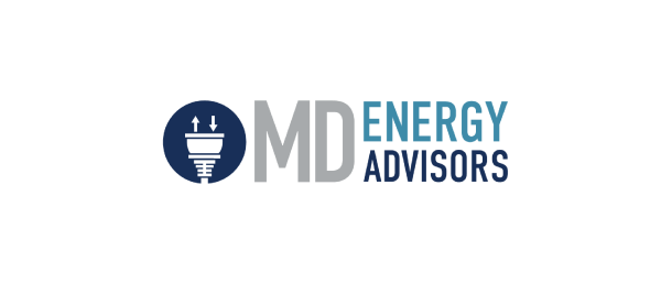 The image features a logo for MD Energy Advisors, which includes the text "MD ENERGY ADVISORS" in a modern font. The logo incorporates a circular graphic with a power plug symbol, emphasizing the energy consulting theme. The color scheme includes shades of blue and gray