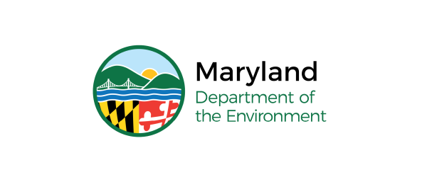 The logo features a circular design with mountains, a bridge, and a sun above a body of water. The lower section includes the Maryland state flag colors. The text reads "Maryland Department of the Environment" to the right of the logo