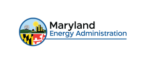 The logo features a circular design with a landscape that includes a sun, solar panels, and buildings. The background incorporates the Maryland state flag colors and patterns. The text "Maryland Energy Administration" is displayed to the right of the graphic in a blue font