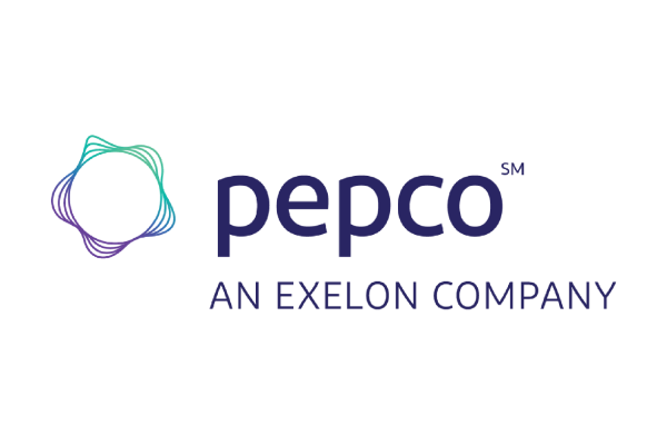 The image features the logo of Pepco, which includes the word "pepco" in a modern font, accompanied by a colorful circular design. Below the logo, it states "AN EXELON COMPANY" in smaller text. The overall color scheme is a gradient of blue and purple