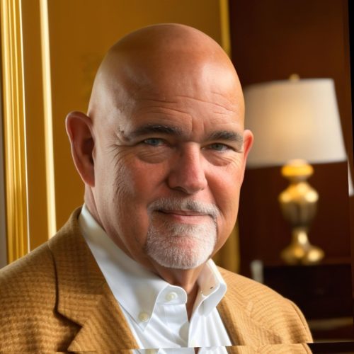 A bald man with a white goatee is smiling at the camera. He is wearing a light-colored shirt and a tan blazer. The background features a lamp and a decorative wall