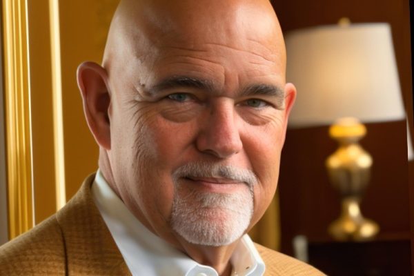 A bald man with a white goatee is smiling at the camera. He is wearing a light-colored shirt and a tan blazer. The background features a lamp and a decorative wall