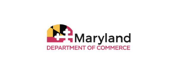 The logo features the words "Maryland Department of Commerce" in bold text. Above the text is a graphic that includes the Maryland state flag's colors and patterns, incorporating a yellow and black design with a white cross. The overall design is modern and professional