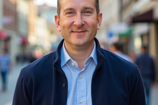 A man stands smiling in a busy street, wearing a navy blue jacket over a light blue shirt. The background features blurred pedestrians and buildings, indicating a lively urban environment