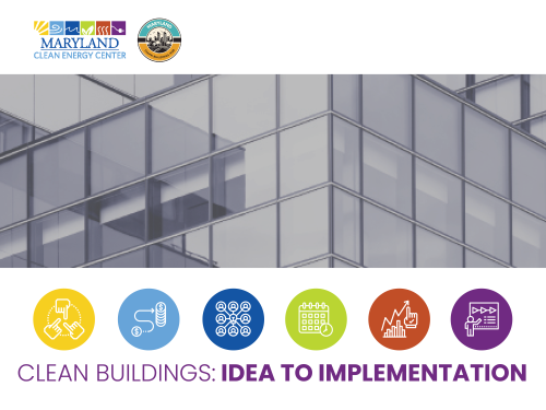 A modern glass building with a reflective facade is featured prominently. Below the building, there are six colorful icons representing various aspects of clean building initiatives with two logos placed at the top.