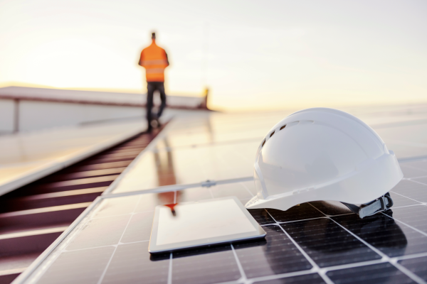 A hardhat and tablet sitting on a solar panel with a construction working walking away.