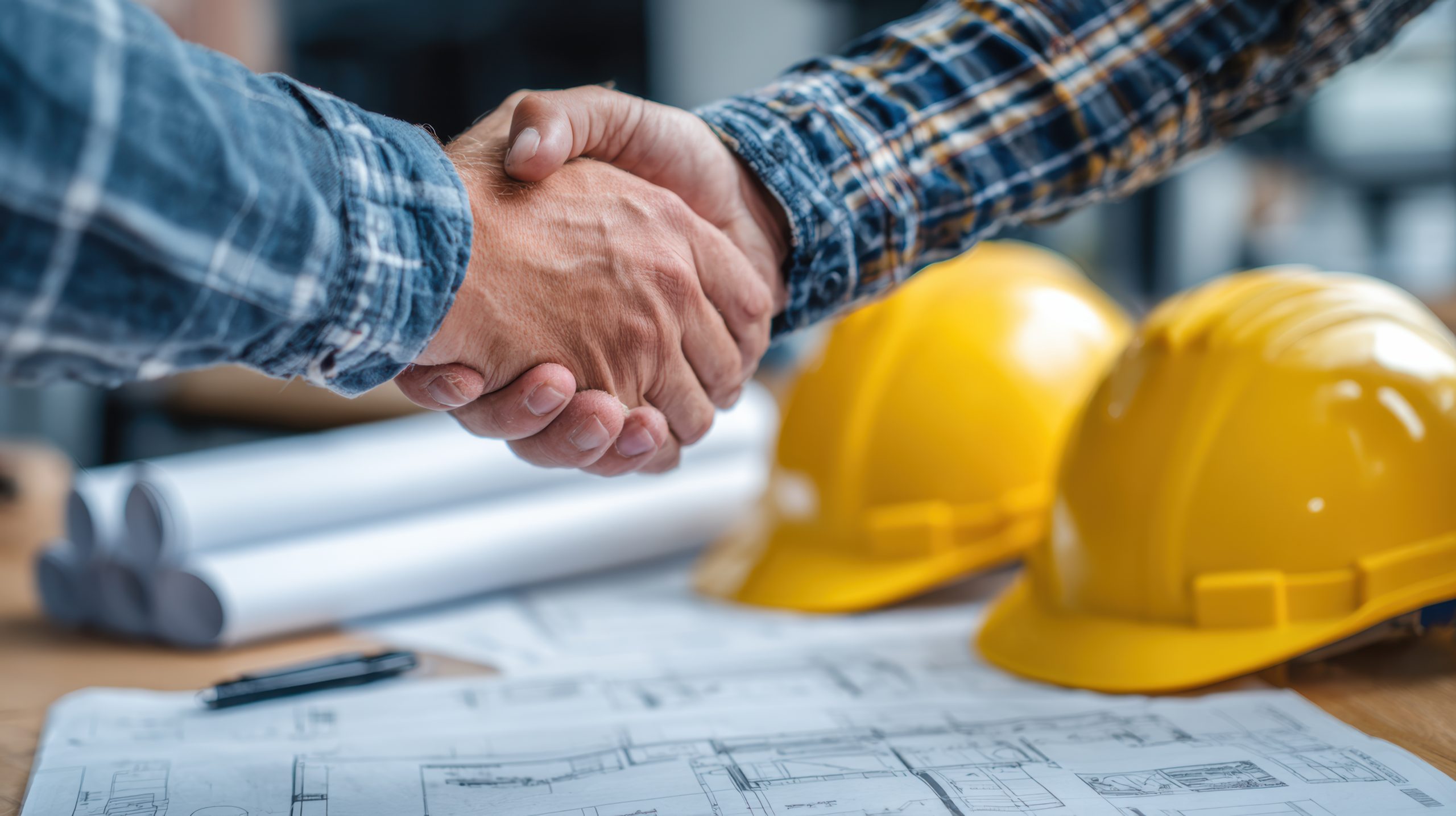 Two hands are shaking in a business agreement, with a set of blueprints and two yellow hard hats visible on a table in the foreground