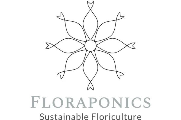 A stylized flower design with six petal-like shapes extending from a central circle, accompanied by the text "Floraponics" and the phrase "Sustainable Floriculture" below. The design is in a simple black outline on a white background