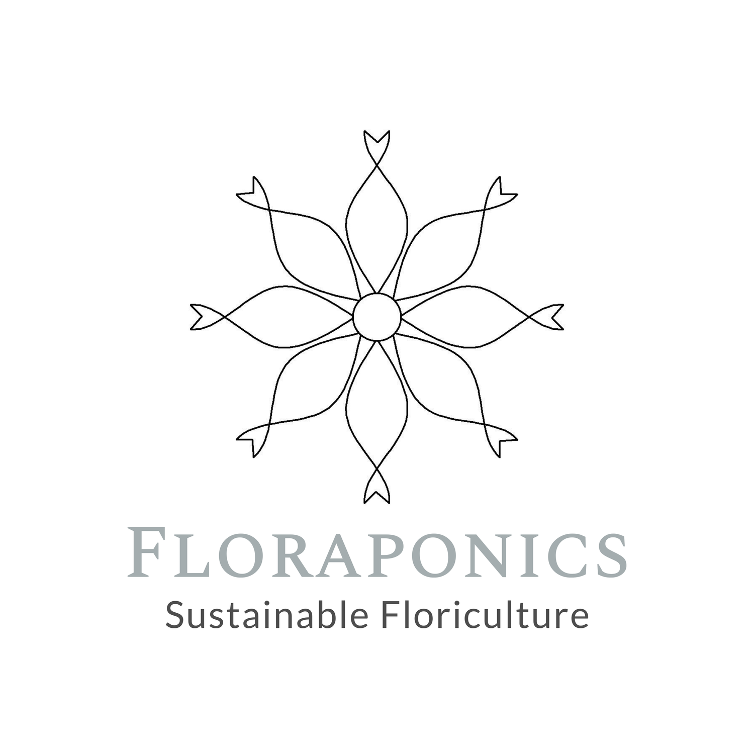 A stylized flower design with six petal-like shapes extending from a central circle, accompanied by the text "Floraponics" and the phrase "Sustainable Floriculture" below. The design is in a simple black outline on a white background