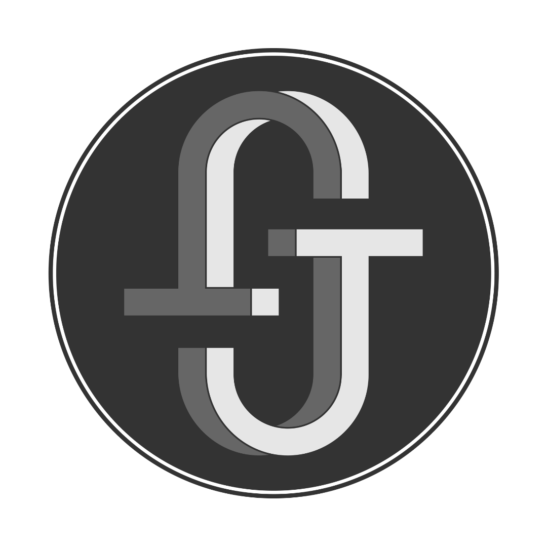 A circular logo featuring interlocking letters "S" and "G" in varying shades of gray and white, set against a black background. The design has a modern and minimalist aesthetic