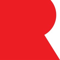 A bold red shape resembling the letter "R" with a rounded edge, set against a white background