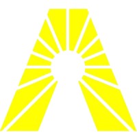A stylized letter "A" in bright yellow, featuring rays extending outward from a central circular shape, resembling a sunburst design