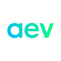 The image features a stylized logo with the letters "aev" in a gradient color scheme, transitioning from blue to green. The letters are presented in a modern, sans-serif font