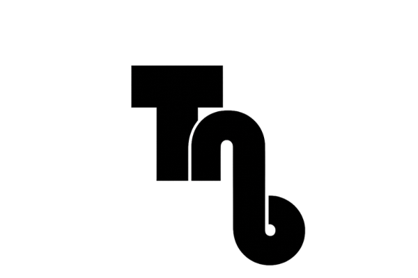 A stylized black logo featuring the letters "T" and "n" intertwined, with the "T" positioned above the "n," which has a curved tail extending downward. The design is minimalistic and modern