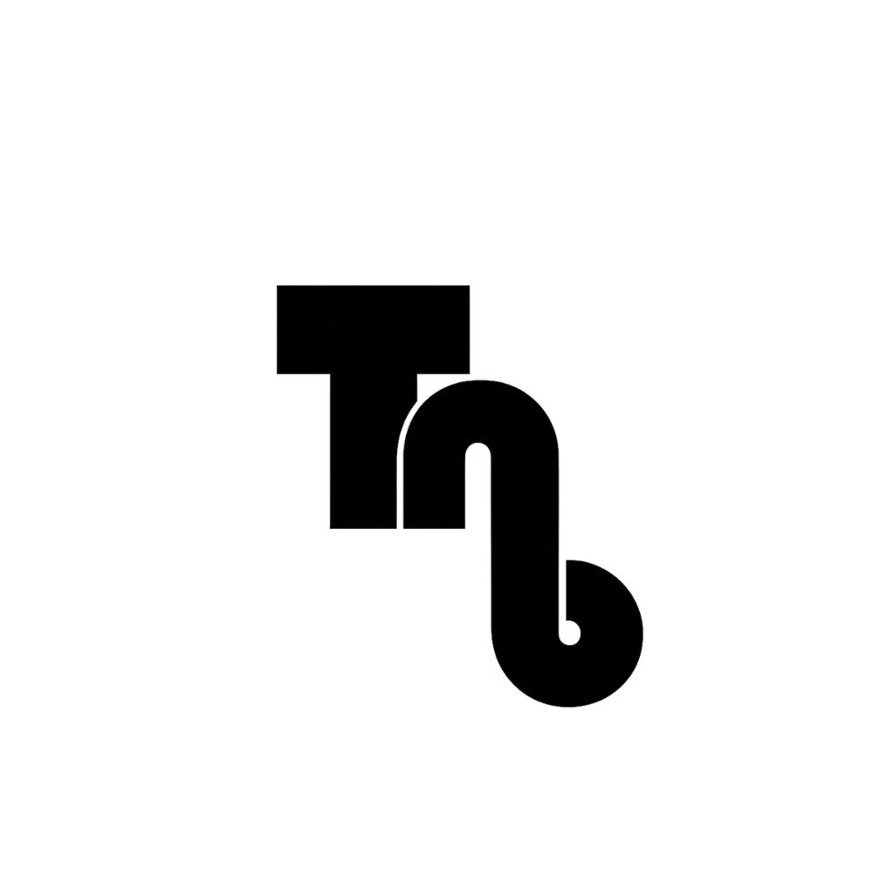 A stylized black logo featuring the letters "T" and "n" intertwined, with the "T" positioned above the "n," which has a curved tail extending downward. The design is minimalistic and modern