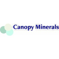 Logo featuring the text "Canopy Minerals" in blue, accompanied by three overlapping circles in varying shades of green and blue