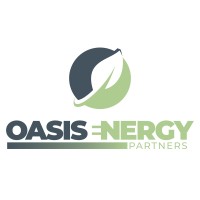 A logo featuring the text "Oasis Energy Partners" with a stylized leaf design integrated into the letter "O." The color scheme includes dark blue, light green, and a muted green