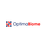 Logo featuring the text "OptimaBiome" in red, accompanied by a graphic of interconnected dots in blue and red, arranged in a grid-like pattern