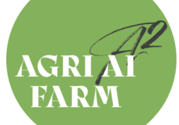 A circular logo featuring the text "AGRI AI FARM" in bold white letters on a green background, with a stylized "A²" in black