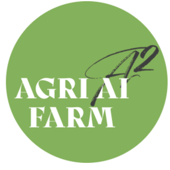 A circular logo featuring the text "AGRI AI FARM" in bold white letters on a green background, with a stylized "A²" in black