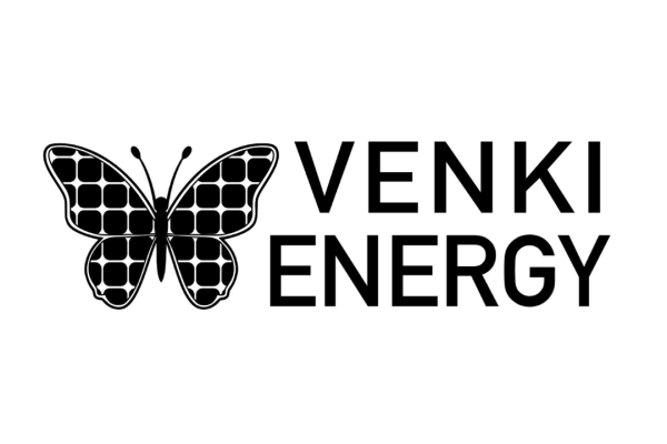 A stylized butterfly design with a grid pattern on its wings, accompanied by the text "VENKI ENERGY" in bold letters