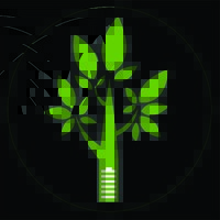 A stylized green tree with leaves, where the trunk is designed to resemble a battery. The background is black, creating a contrast that highlights the tree and battery design