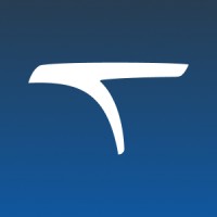 A stylized white logo featuring a curved shape resembling a bird's wing or a stylized letter, set against a blue background