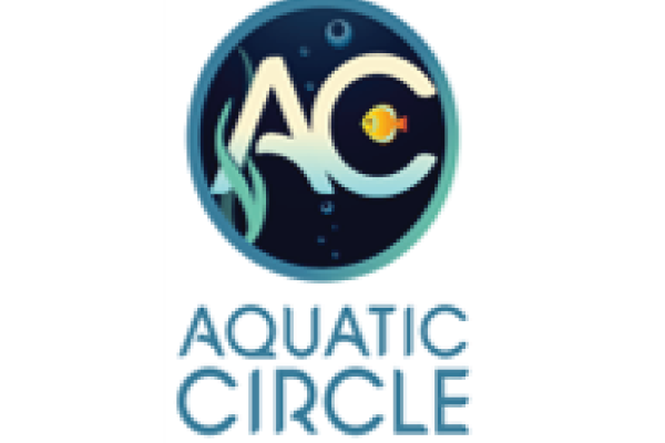 A circular logo featuring the letters "AC." The background includes water elements, and "Aquatic Circle" the logo in a modern.