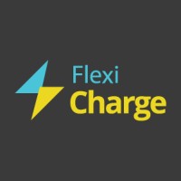 The image features a logo with the text "Flexi Charge" in yellow, accompanied by two stylized lightning bolt shapes, one in blue and the other in yellow, set against a dark gray background