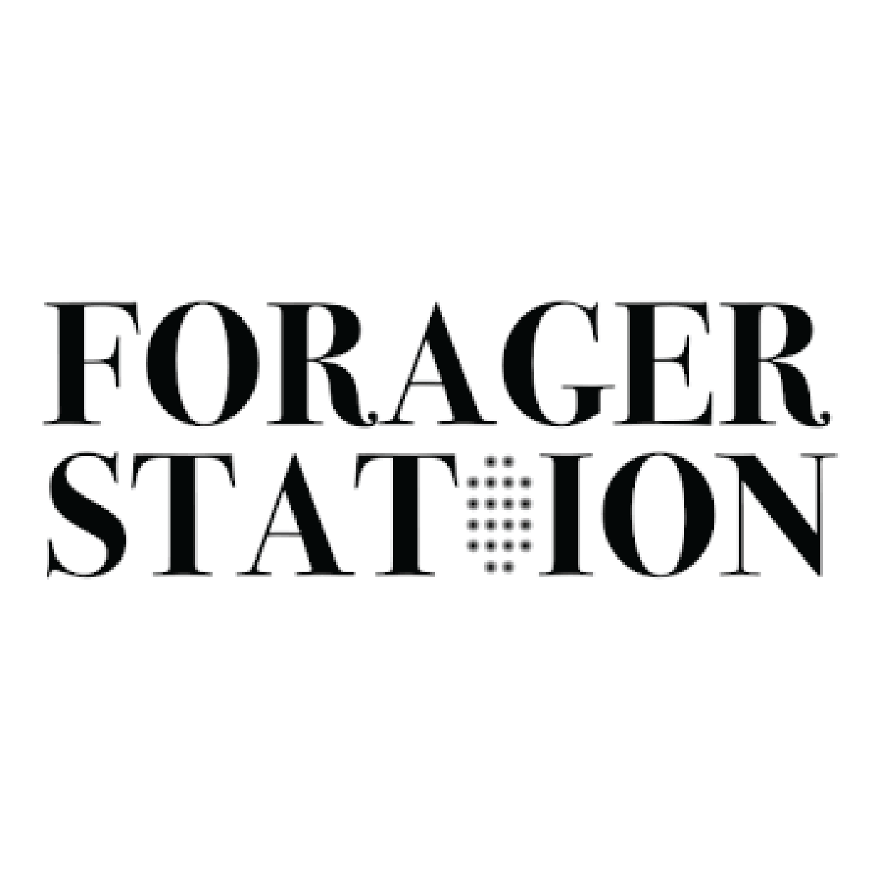 The image features a type logo for the company Forager Station, with the words stacked on top of each other.