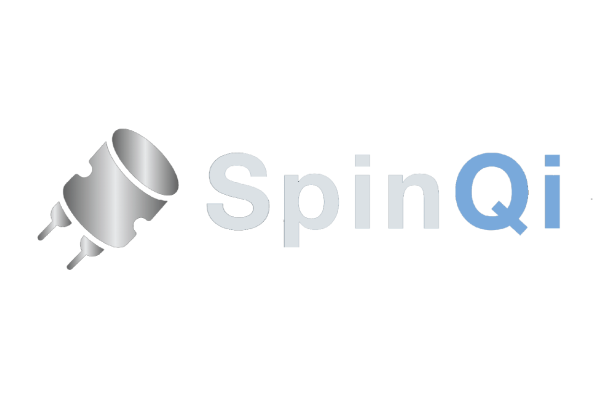 A logo featuring a stylized gray and silver cylindrical object with two prongs on the left, next to the text "SpinQi" in a modern font, where "Spin" is in gray and "Qi" is in blue