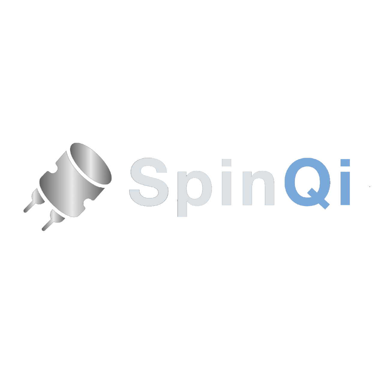 A logo featuring a stylized gray and silver cylindrical object with two prongs on the left, next to the text "SpinQi" in a modern font, where "Spin" is in gray and "Qi" is in blue