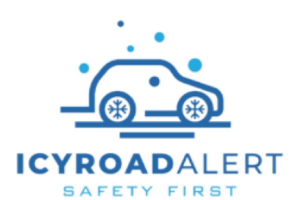 A blue graphic logo featuring a stylized car with snowflake symbols, accompanied by the text "ICYROADALERT" and the phrase "SAFETY FIRST" below. The design emphasizes winter driving safety