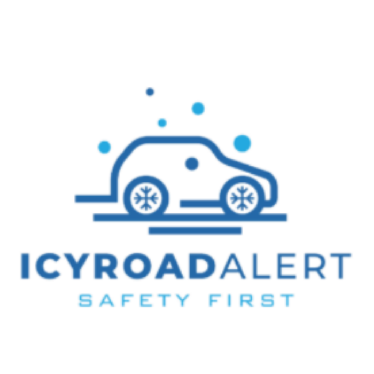 A blue graphic logo featuring a stylized car with snowflake symbols, accompanied by the text "ICYROADALERT" and the phrase "SAFETY FIRST" below. The design emphasizes winter driving safety